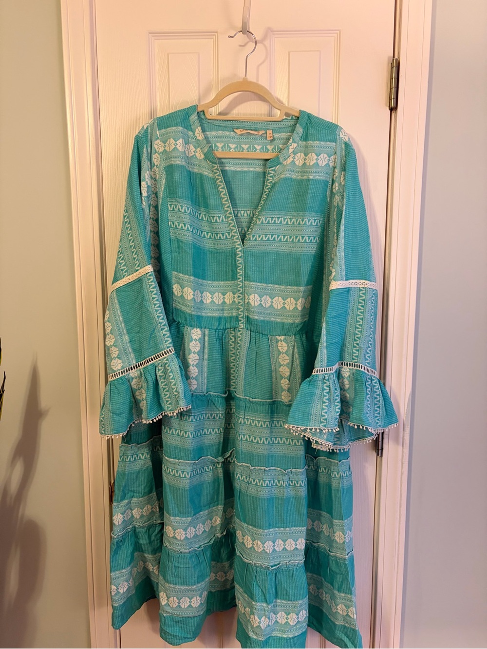 Soft Surroundings Teal Embroidered Tiered Mini Dress